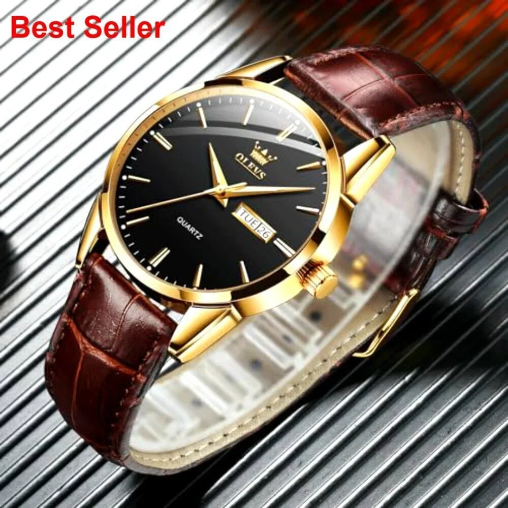 Men's Leather Watch Stainless Steel Day Date Waterproof Luminous